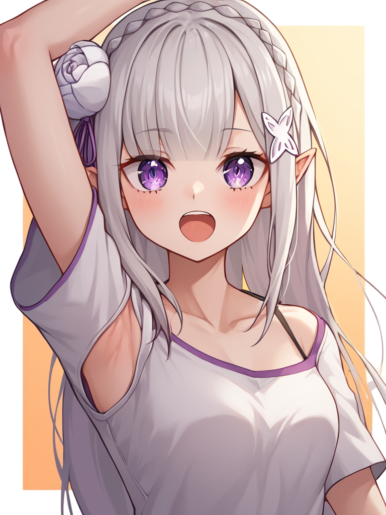 score_9,score_8_up,score_7_up,<lora:emilia_(re_zero):1>,hair_down, arms_up, 2023, emilia_\(re:zero\), black_sleeves, short_sleeves, orange_background, armpits, dated, 1girl, white_shirt, borrowed_clothes, white_border, upper_body, open_mouth, collarbone, outside_border, :d, solo