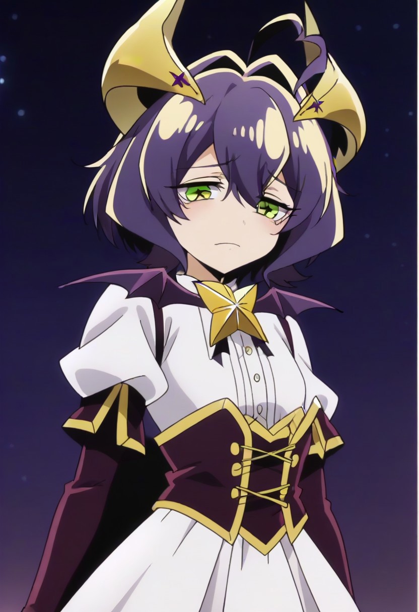 source_anime <lora:GushingoverMagicalGirlsSet1:0.8>, MagiaBaiser, short hair, yellow eyes, ahoge, purple hair, magical girl, showgirl skirt, black nails, low wings, cross-shaped pupils, yellow horns, star pasties,,, ,,, , , ,,,, ,,, , ,,,,,,,, anime coloring,anime screencap, 1girl,Solo ,, anime,official art,,Uncensored ,Unedited ,,,,,,,,