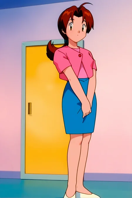 retro artstyle, 1990s \(style\), pokemon \(classic anime\), deliaca, 1girl, solo, brown eyes, long hair, looking at viewer, skirt, brown hair, standing, jacket, full body, ahoge, ponytail, short sleeves, shoes, parted bangs, blue skirt, white footwear, own hands together, pencil skirt, v arms, |_|, pink jacket, retro artstyle, shirt, jewelry, indoors, pink shirt, mature female, delia ketchum,
<lora:Delia_Ketchump_Classic_Anime:1>