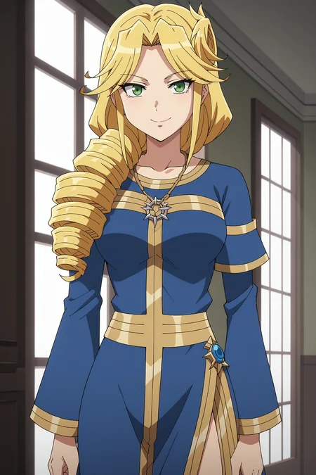 score_9, score_8_up, score_7_up, source anime, prefect lighting, very aesthetic, BREAK, anime screencap, anime coloring,
<lora:lakyus_overlord_v1-pdv6:0.9>, 1girl, lakyus alvein dale aindra, overlord \(maruyama\), blonde hair, green eyes,
(lakyusout2:1.5), necklace, side slit, blue dress, drill hair,
BREAK, smile, looking at viewer, cowboy shot,
BREAK,