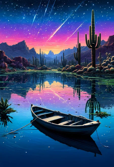 Jean Baptiste Monge, Thomas Kinkade, David Palumbo, Carne Griffiths,
illustration of a woman on a small boat in a reflective lake, surrounded by towering cacti and shooting stars in the twilight sky
, cg graphics illustration ,
neon colored at background, style studio shading from above,
digital brush strokes,