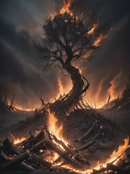 letitbrn, charred and burning tree in flames, desolation, dark, <lora:- SDXL - letitbrn_let_it_burn_V1.0:1>
