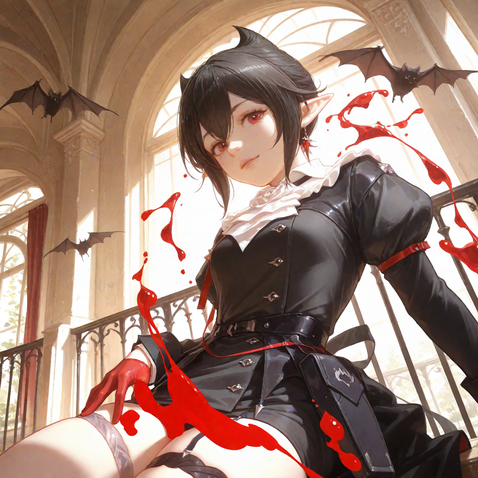 entelechia \(arknights\), red eyes, pointy ears, black hair, gloves, red gloves, bat (animal), cowboy shot, vampire, balcony, masterwork, masterpiece, best quality, realistic, ambient occlusion, ray tracing, depth of field, (((dynamic angle))), realistic painted face, painterly, vibrant colours, in lush style, extremely detailed eyes BREAK roses, butterfly, bat \(animal\), BREAK fantasy, luxurious furniture, tall windows, vaulted ceiling, baseboards, reclining, evening, golden hour glow, high key lighting, soft light

linear hatching, liquid splash, , , , acid trip, , meandering lines, , , warp, , , , , , , flowing translucent blue fabric, billowing folds, , , blue to green transition, , , , , natural abstract elements, warm ethereal glow, , liquid-like fabric texture, below lighting, contemplative atmosphere, surreal artistry, high contrast tones, surreal minimalism, warm gradients, , vibrant yet subtle palette, , harmonious abstraction, , , ,