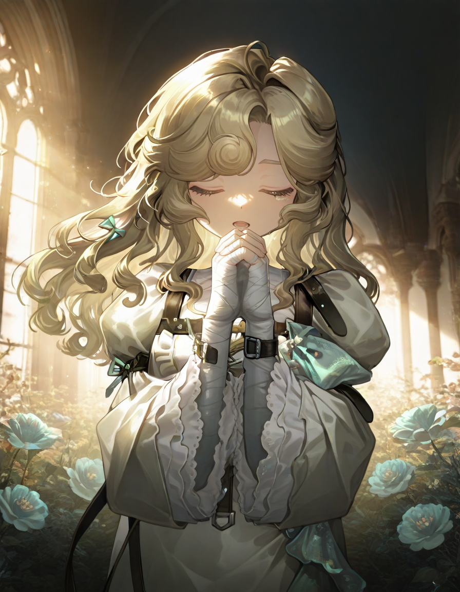 1girl,lorelei, bandages,
lush garden, vibrant flowers, sunlight filtering through trees, serene atmosphere, magical ambiance, singing with hands clasped, peaceful, high detail, cinematic lighting,
<lora:loreleireverse1999:1>reverse:1999, ultra-detailed, cinematic lighting, (masterpiece, best quality, high quality, highres, ultra-detailed),