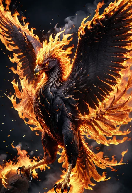 upscale, a black fire phoenix, body made of fire, massive gigantic fire phoenix, fierce, roaring, looking at the viewer,  hyperrealistic, fantasy, flying around, angry, highly detailed body, super realistic, hi_res, absurd detailed, very detailed face,