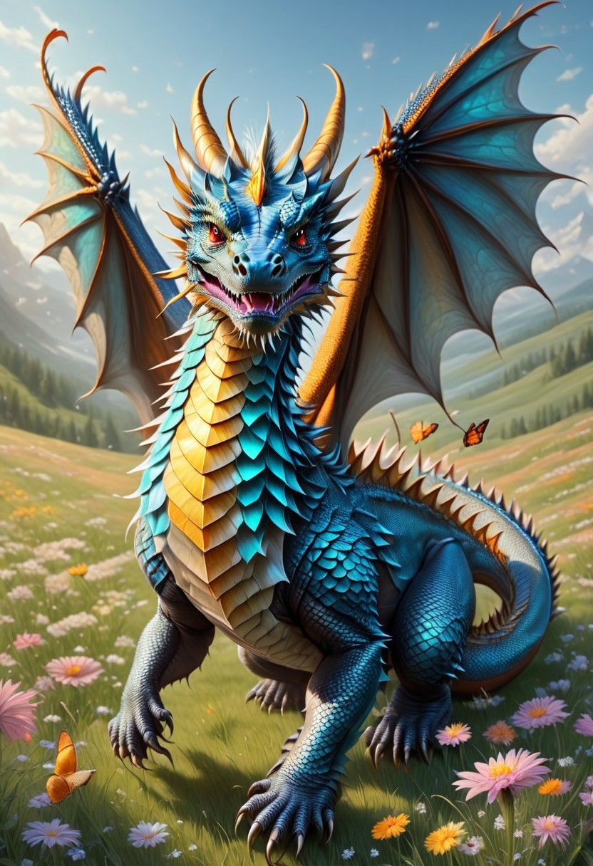 "An elegant dragon with butterfly-like wings flies over a flowery meadow. Its colorful scales glisten in the sun and its long hair blows in the wind. Its soft smile creates a magical atmosphere."