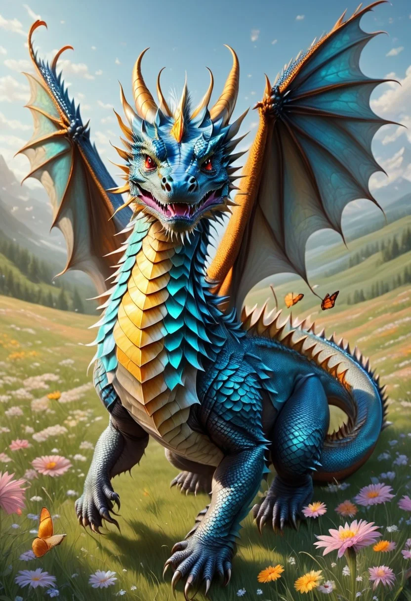 "An elegant dragon with butterfly-like wings flies over a flowery meadow. Its colorful scales glisten in the sun and its long hair blows in the wind. Its soft smile creates a magical atmosphere."