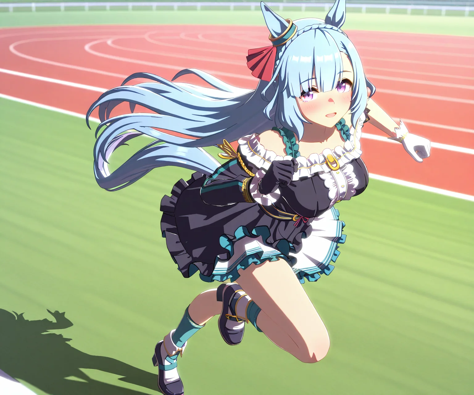 masterpiece, best quality, amazing quality, , 1girl, solo,umamusume, racetrack, running, <lora:Mejiro Ardan in game style 3D ILL-v2.1:1> ummsmingame, 3d, mejiro ardan \(umamusume\), asymmetrical gloves, single sleeve