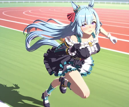 masterpiece, best quality, amazing quality, , 1girl, solo,umamusume, racetrack, running,  <lora:Mejiro Ardan in game style 3D ILL-v2.1:1> ummsmingame, 3d, mejiro ardan \(umamusume\), asymmetrical gloves, single sleeve