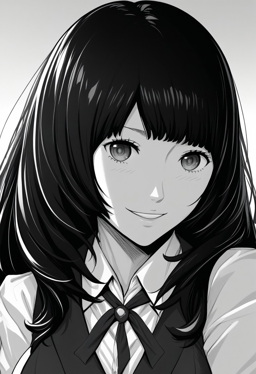 score_9, score_8_up, score_7_up, source_anime,(extremely detailed CG), (best quality),  monochrome, greyscale,
miren,face,smile,front view,