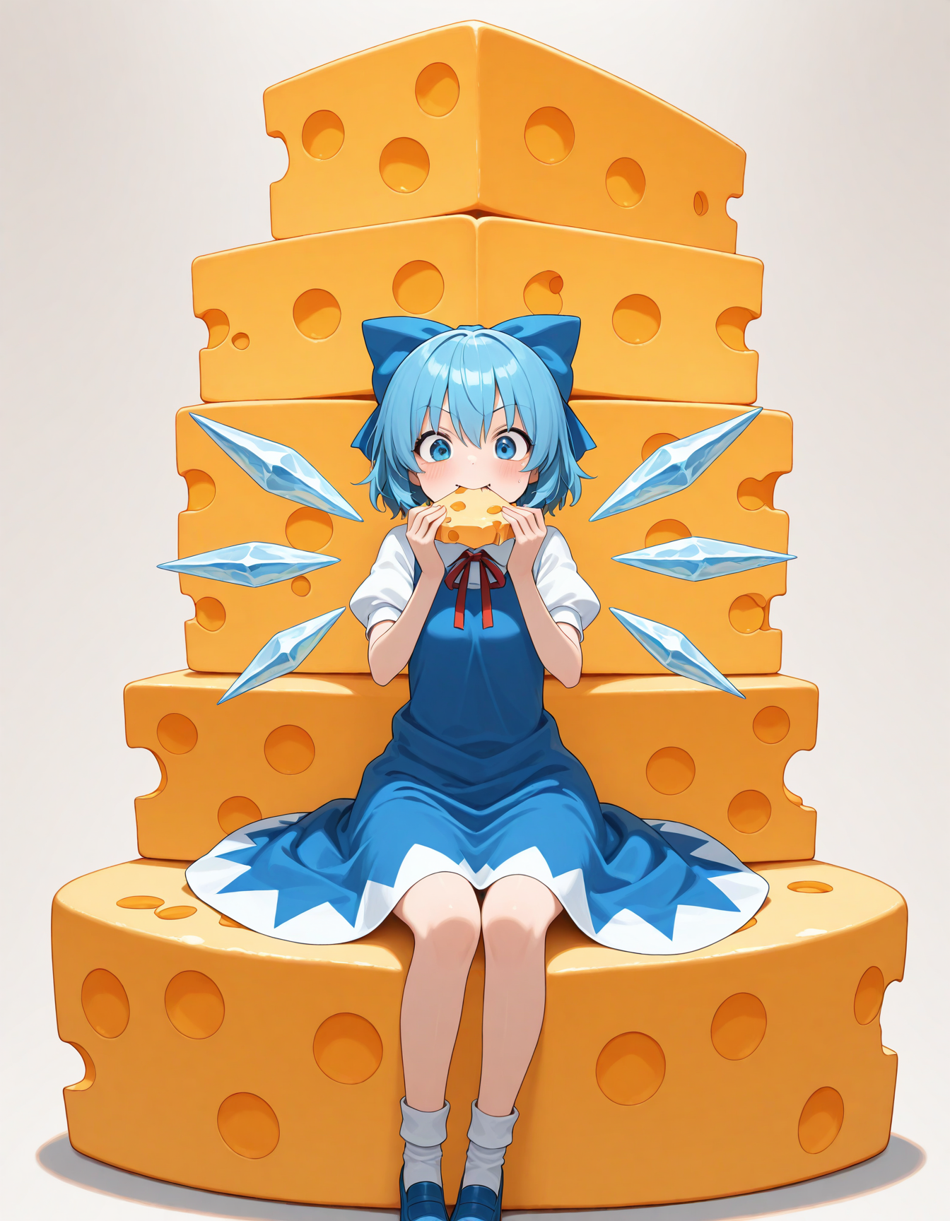 masterpiece, best quality, amazing quality,  1girl, solo, cirno, sitting on cheese, cheese, too many cheese, eating cheese, cheese background,