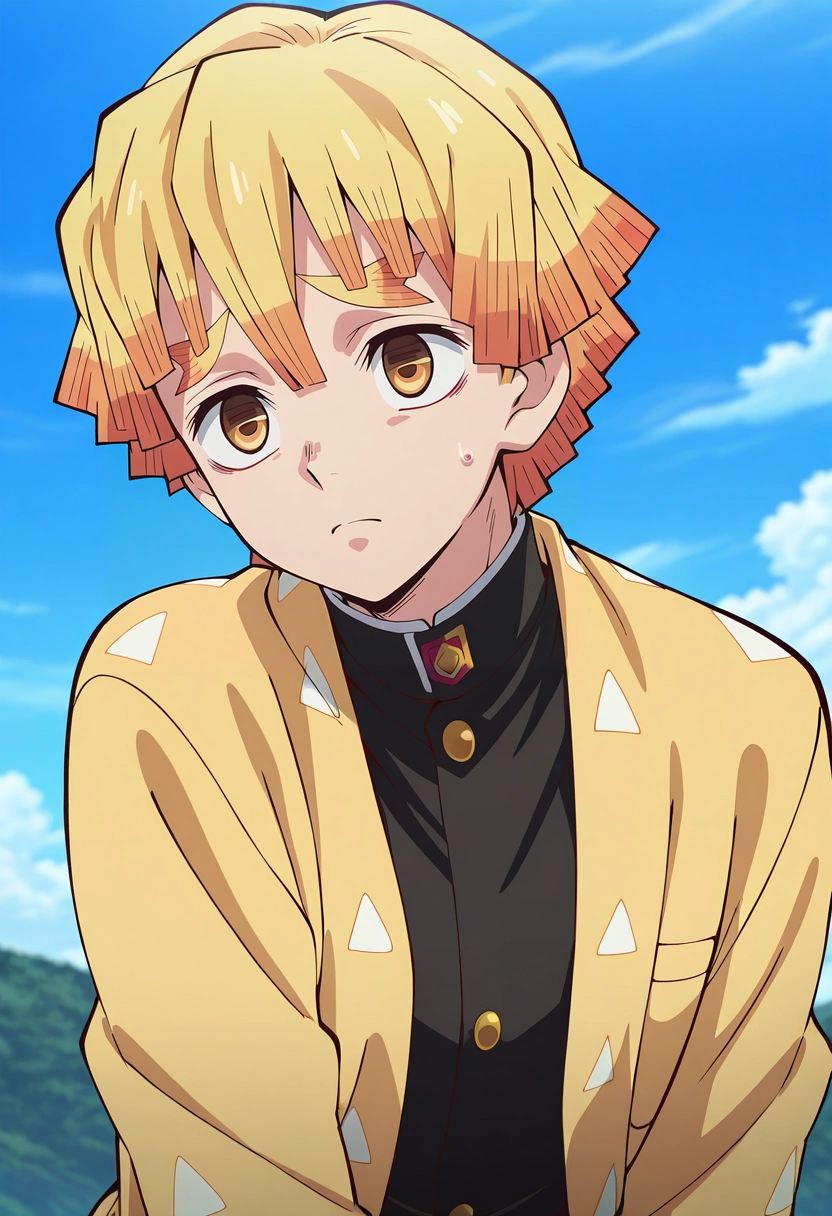 masterpiece, best quality, , anime screencap, , , , , 1boy, solo, male focus, <lora:zenitsu_agatsuma_ilxl:0.92>, zenitsu_agatsuma, blonde hair, yellow eyes, short hair, bangs, ,