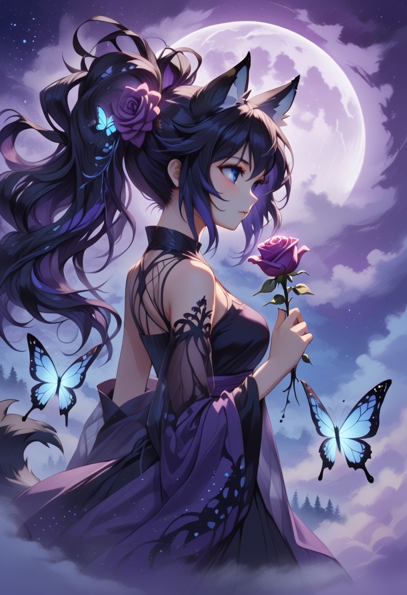abstractzyrnox, abstract, abstract art, butterfly, blue, purple, white, fog, cinematic, purple sky, cloud, moon, ((1girl, foxgirl, fox girl), holding rose, high ponytail hair, black hair, blue eyes, black hair, messy hair)