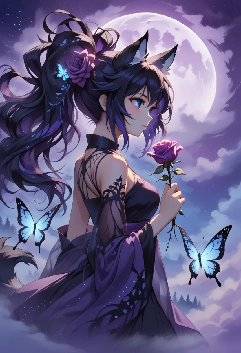 abstractzyrnox, abstract, abstract art, butterfly, blue, purple, white, fog, cinematic, purple sky, cloud, moon, ((1girl, foxgirl, fox girl), holding rose, high ponytail hair, black hair, blue eyes, black hair, messy hair)