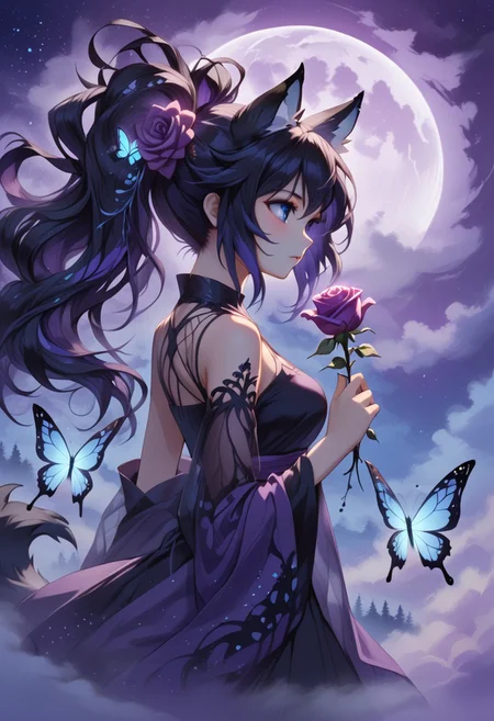 abstractzyrnox, abstract, abstract art, butterfly, blue, purple, white, fog, cinematic, purple sky, cloud, moon, ((1girl, foxgirl, fox girl), holding rose, high ponytail hair, black hair, blue eyes, black hair, messy hair)