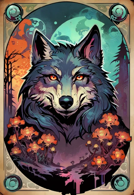 ccxl-mucha, art style, wolf, Psychedelic art drdjns style, comic book artwork in dgst artstyle  <lora:ccxl-mucha_lora_vA1:0.75> <lora:drdjns:0.75>  <lora:SDXL1.0_Essenz-series-by-AI_Characters_Style_DarkestDungeonChrisBourassa-v1.1:0.95>