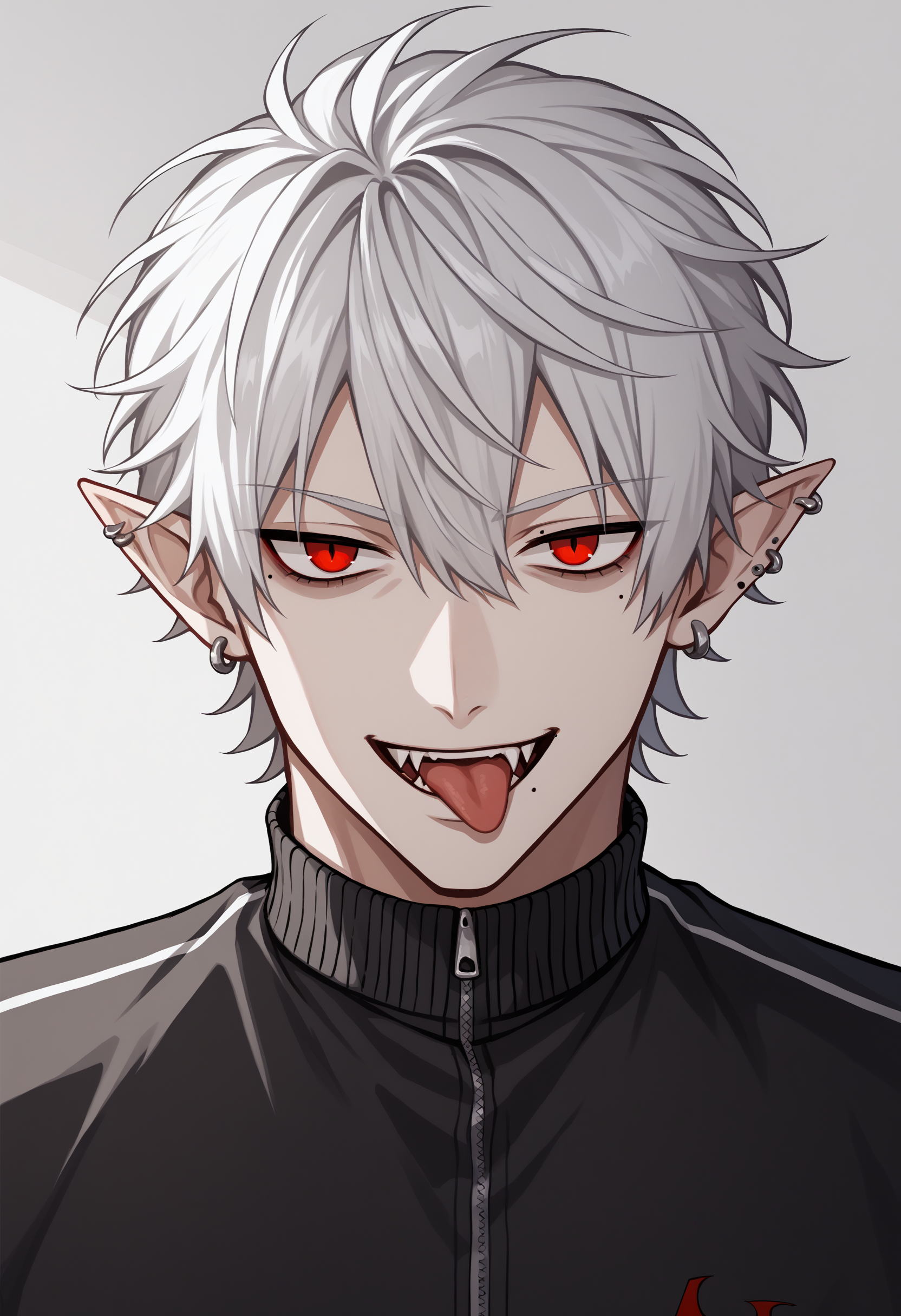 score_9, score_8_up, score_7_up, source_anime, k01, 1boy, red eyes, white hair, hair between eyes, pointy ears, earrings, piercing, mole, mole under eye, fangs, fingernails, sharp fingernails, jacket, black jacket, track jacket, tongue out, smile, cowboy shot<lora:KuzuhaXL-13:1>
