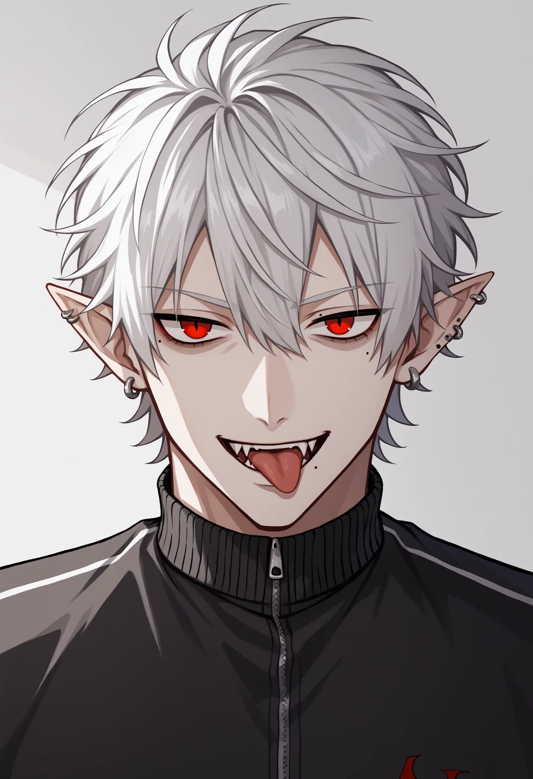 score_9, score_8_up, score_7_up, source_anime, k01, 1boy, red eyes, white hair, hair between eyes, pointy ears, earrings, piercing, mole, mole under eye, fangs, fingernails, sharp fingernails, jacket, black jacket, track jacket, tongue out, smile, cowboy shot<lora:KuzuhaXL-13:1>