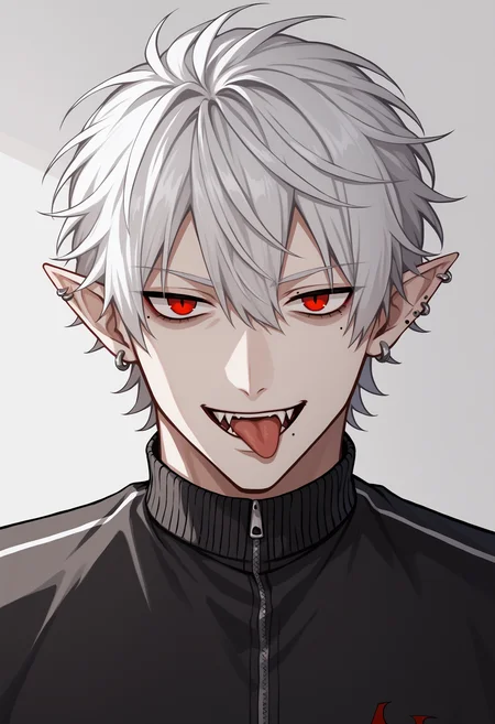 score_9, score_8_up, score_7_up, source_anime, k01, 1boy, red eyes, white hair, hair between eyes, pointy ears, earrings, piercing, mole, mole under eye, fangs, fingernails, sharp fingernails, jacket, black jacket, track jacket, tongue out, smile, cowboy shot<lora:KuzuhaXL-13:1>