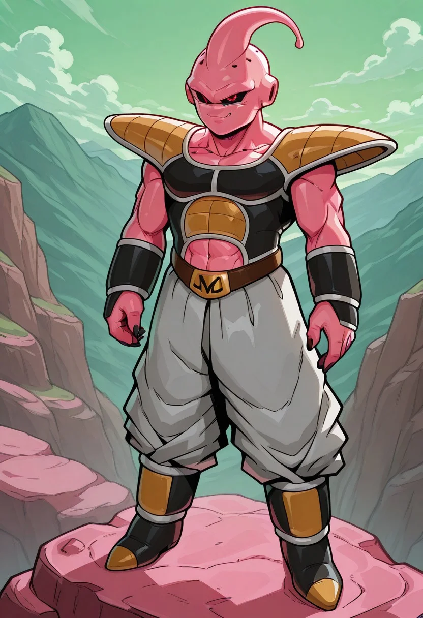 1boy, solo, kidb88, pink skin, pants, red eyes, black sclera, abs, belt, belt buckle, black saiyan armor, shoulder strap, shoulder pads, abs exposed, toesless boots,
BREAK lazypos, full body, green sky, cloud, namek, mountain, view from above, CeehazStyle
