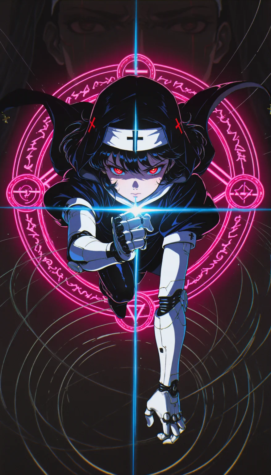 ((absurdres, high_quality, masterpiece)), (dynamic_angle, foreshortening, depth_of_field), blurry_background, (anime_coloring, flat_colors, cel-shaded), (glint, lens_flare), chromatic_aberration, scanlines, (grainy_texture:1.4), (film_grain:1.3), (retro_artstyle, 1990s_\(style\), 1980s_\(style\)), vhs_artifacting, halftone, limited_palette, neon_lighting)
(D4rkR3troSc1f1, close-up, cinematic, dynamic_pose, motion_blur, action, wind_lift, magic, magic_circle, dark_aura, energy_swirls, glowing_symbols, crying_blood, crying_with_eyes_open, holographic, glyph, neon_light, cyborg, robot_girl, mechanical_limbs, android, glowing_eyes, red_eyes, narrowed_eyes, black_hair, long_hair, nun, habit, hooded, red_corruption, floating_hair, neon_trim, cross, religious_symbolism, glowing_skin, pale_skin, intense_lighting, glint, dramatic_shadows, volumetric_lighting, sci-fi, futuristic, intricate_details, sharp_contrast, dark_background, eerie, highres, masterpiece)
