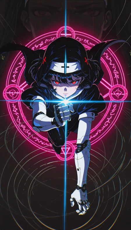 ((absurdres, high_quality, masterpiece)), (dynamic_angle, foreshortening, depth_of_field), blurry_background, (anime_coloring, flat_colors, cel-shaded), (glint, lens_flare), chromatic_aberration, scanlines, (grainy_texture:1.4), (film_grain:1.3), (retro_artstyle, 1990s_\(style\), 1980s_\(style\)), vhs_artifacting, halftone, limited_palette, neon_lighting)
(D4rkR3troSc1f1, close-up, cinematic, dynamic_pose, motion_blur, action, wind_lift, magic, magic_circle, dark_aura, energy_swirls, glowing_symbols, crying_blood, crying_with_eyes_open, holographic, glyph, neon_light, cyborg, robot_girl, mechanical_limbs, android, glowing_eyes, red_eyes, narrowed_eyes, black_hair, long_hair, nun, habit, hooded, red_corruption, floating_hair, neon_trim, cross, religious_symbolism, glowing_skin, pale_skin, intense_lighting, glint, dramatic_shadows, volumetric_lighting, sci-fi, futuristic, intricate_details, sharp_contrast, dark_background, eerie, highres, masterpiece)