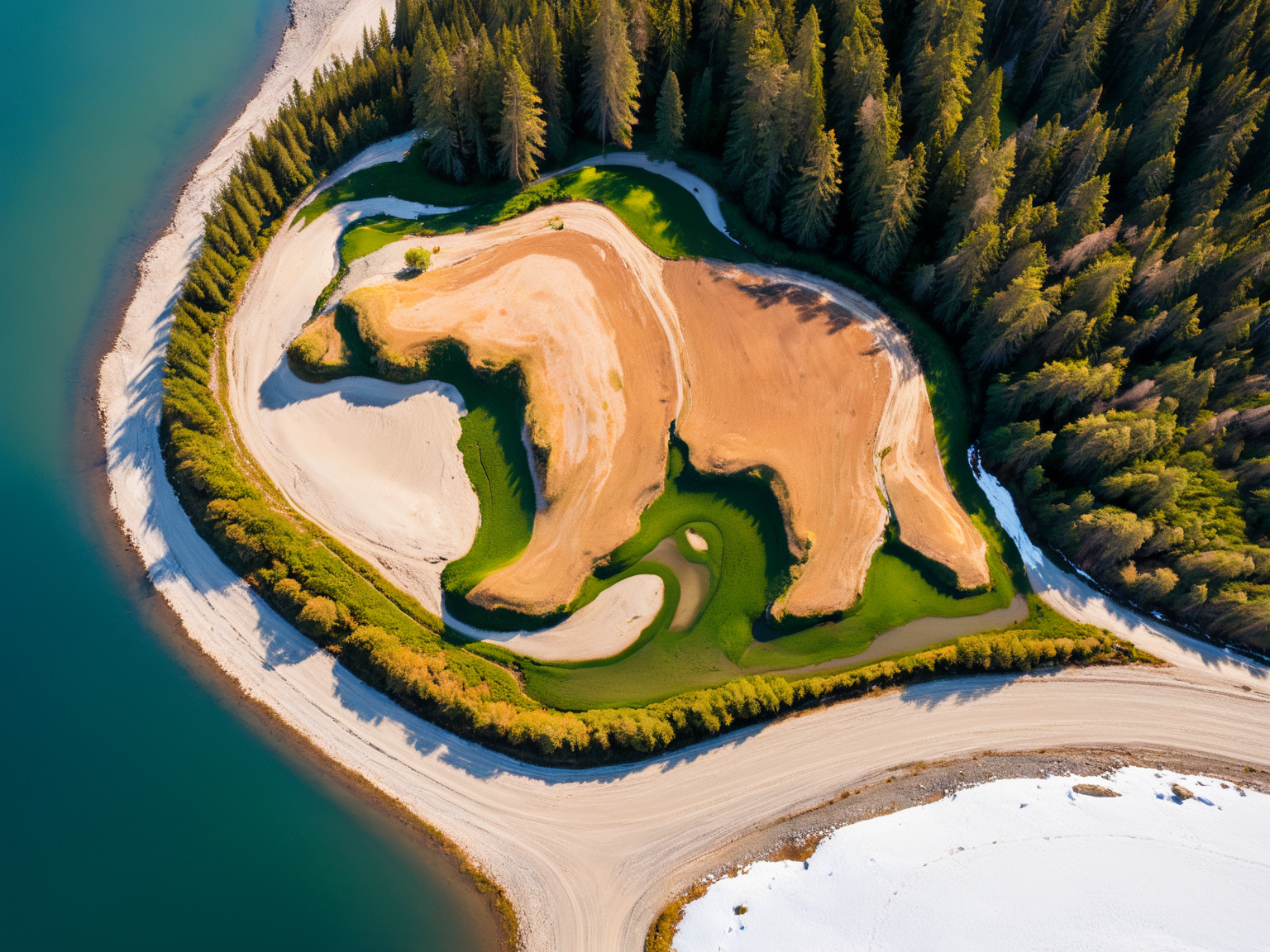 Aerial,  fields, forest, rocks, water, river, snow, sand, grass, road, lake,
big stylized  shape of a bear, landart
<lora:xl_more_art-full_v1:1>