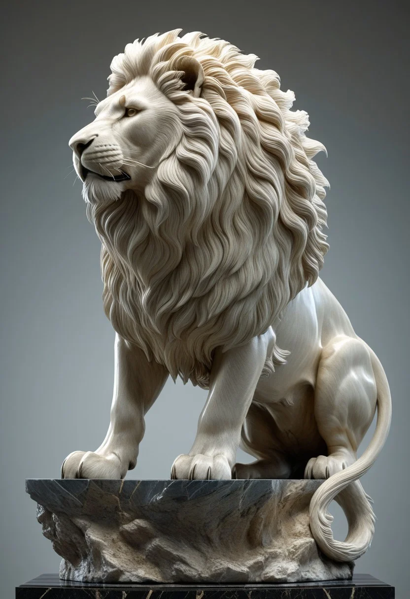3D render of a majestic lion sculpture, hyper-realistic, intricately detailed fur, powerful stance, dramatic lighting, by Robert Kondo and Paul Komoda, high resolution, polished marble texture, museum quality display, showcasing strength and grace, with a naturalistic background. 
3d-rendering, concept-art, digital, dreaminess, futuristic, multimedia, sculpture, virtual-reality
concept-art, awesome full color, fantasy, epic, majestic, magical, dreamy, perspective, light and shadow, moody, epic, 
beautiful, painterly, aesthetic, textural, vivid, vibrant, intricate details, highly detailed, ultra-detailed, absurdres, 
fflixmj6, WhiteMold