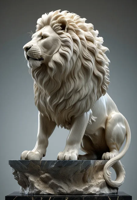 3D render of a majestic lion sculpture, hyper-realistic, intricately detailed fur, powerful stance, dramatic lighting, by Robert Kondo and Paul Komoda, high resolution, polished marble texture, museum quality display, showcasing strength and grace, with a naturalistic background. 
3d-rendering, concept-art, digital, dreaminess, futuristic, multimedia, sculpture, virtual-reality
concept-art, awesome full color, fantasy, epic, majestic, magical, dreamy, perspective, light and shadow, moody, epic, 
beautiful, painterly, aesthetic, textural, vivid, vibrant, intricate details, highly detailed, ultra-detailed, absurdres, 
fflixmj6, WhiteMold