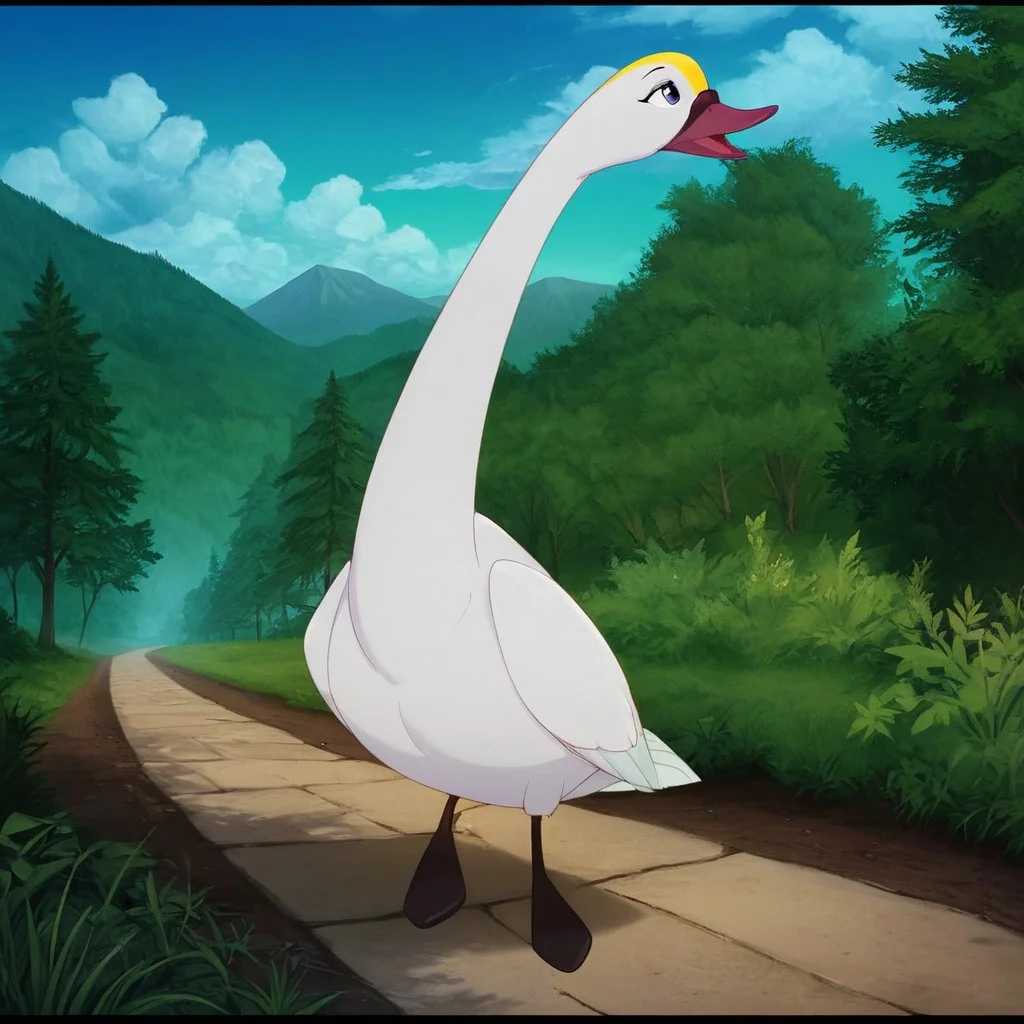 score_9, score_8_up, score_7_up, score_6_up, score_5_up,  j_cartoon, highly detailed, ((detailed shaders)), BREAK, Odette, ((Fera)), Swan, tongue, daytime sky, letterbox, yellow spot on head, day, in the forest, walking, odette, blue eyes, feathered, white swan, sky, cloud, non-human, outdoors, ripples, open mouth, full body, happy, Panoramic plan