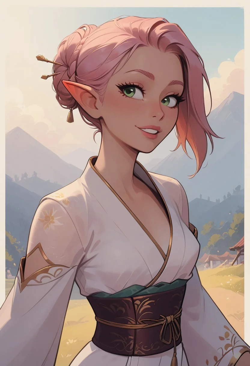 safe_pos, safe_pos, score_9, score_8_up, score_8, close up, 1girl, solo, sexy elf woman, perfect face, thick eyeliner, small breasts, long straight pink hair, sweet smile, green eyes, wearing sexy kimono, nsfw, cowboy shot, dynamic pose, dynamic angle, volumetric lighting, cinematic lighting, outdoors, zen garden