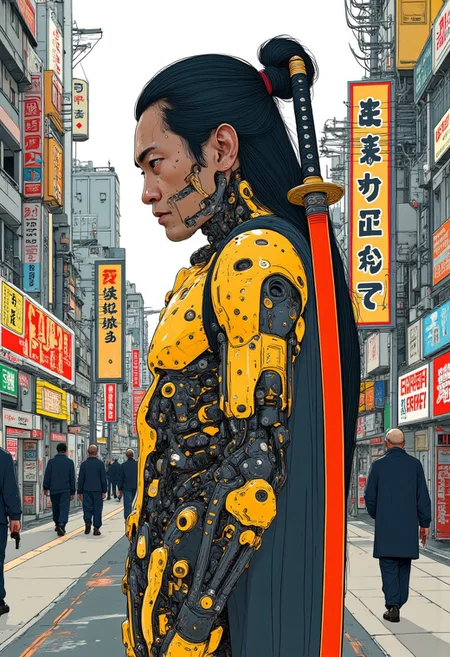 A illustration of A Japanese man on a tokyo street. He is wearing a gold and black cybernetic body suit. He has a katana with a red blade on his back. From behind. He has long black hair tied into a Japanese samurai style bun.
8k quality, wallpaper,