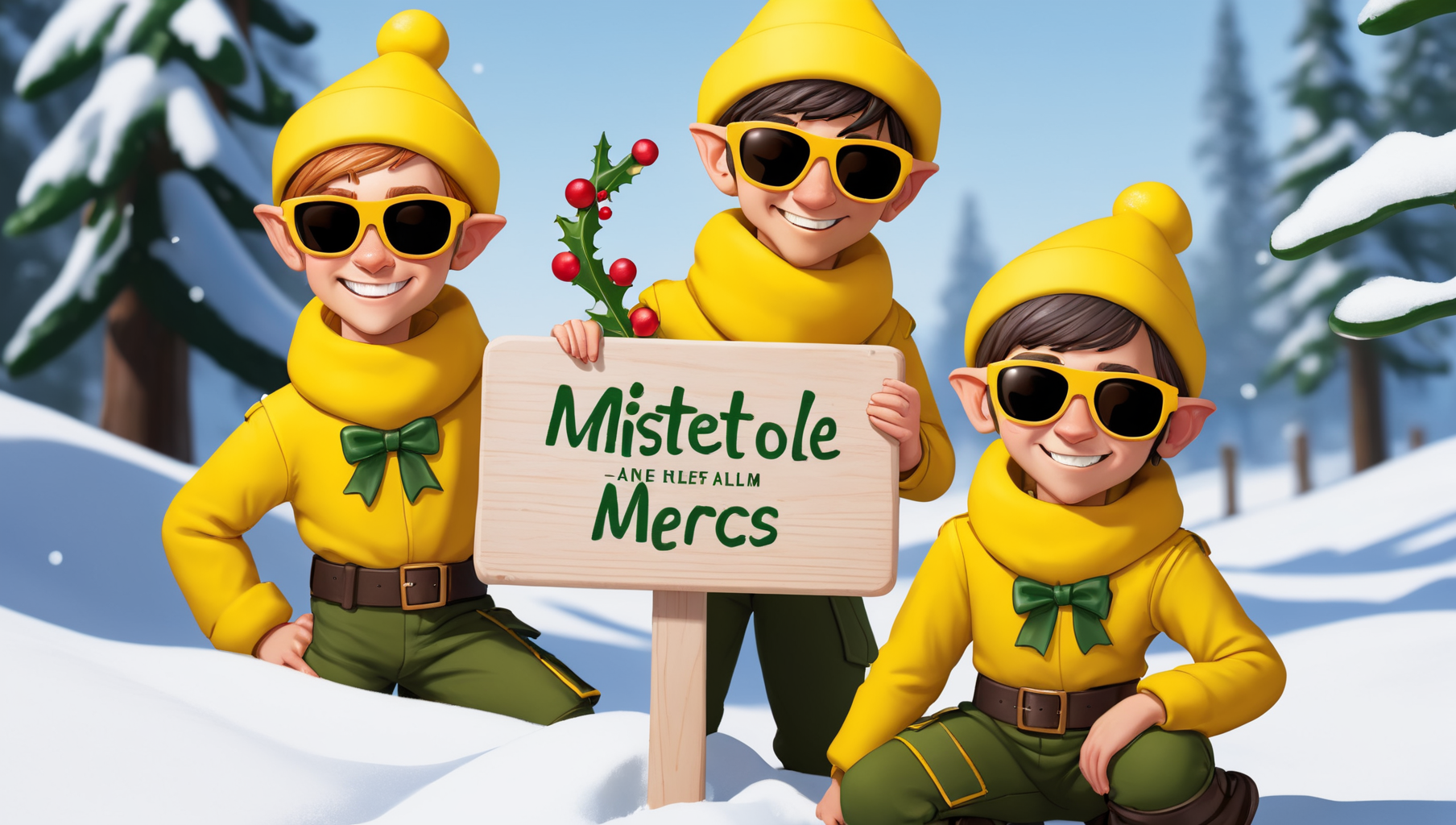 a few small elfs wearing yellow military gear. mistletoe all over and wearing sunglasses. snow everywhere. Christmas themed,they are holding a wooden sign,sign says "Mistletoe Mercs",