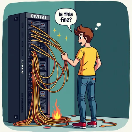 a young man stands with his back to the viewer in front of a server rack, In a panic he rips many colorful patch cables out of the server rack, (on the server rack is the text: "CIVITAI"), (Above his head is a speech bubble with the text: "Is this fine?"), the server rack is smoking,