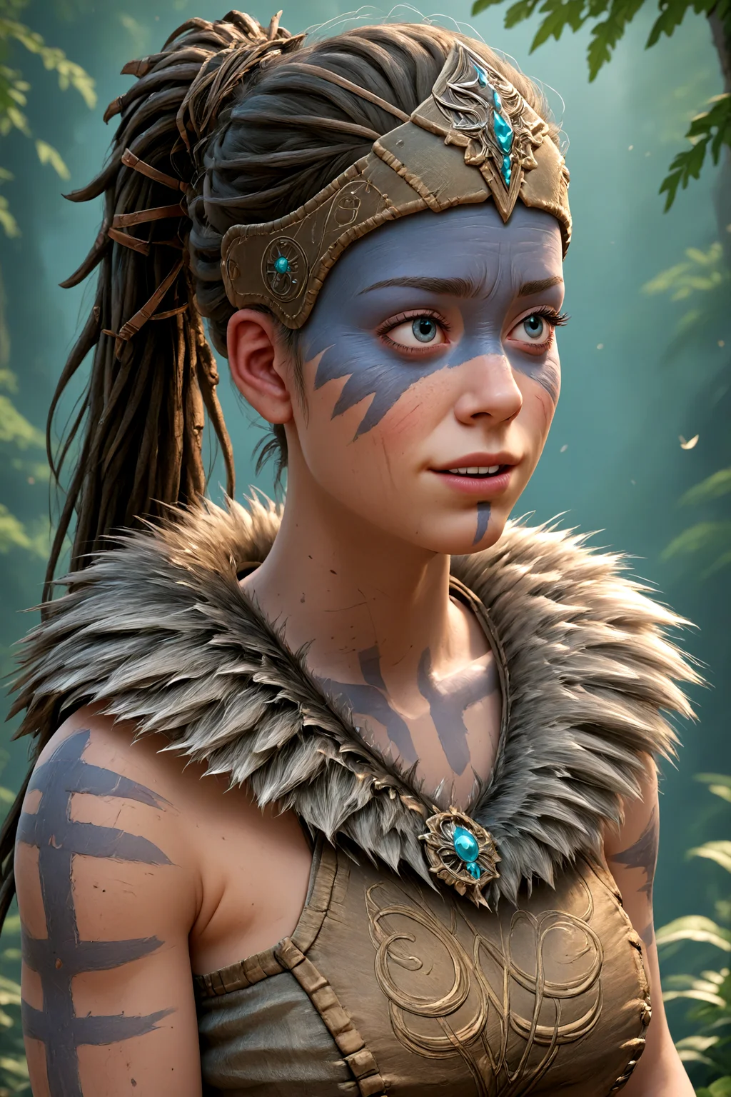 1 girl, <lora:senua_lora:0.8> senua,brown hair, ponytail, long hair,fur trim,facepaint,in a forest,smiling, <lora:detailed_notrigger:1> zPDXL2, PonyXLV6_Scores, <lora:Hyper-SDXL-8steps-lora:1>