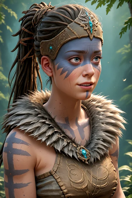 1 girl, <lora:senua_lora:0.8> senua,brown hair, ponytail, long hair,fur trim,facepaint,in a forest,smiling, <lora:detailed_notrigger:1> zPDXL2, PonyXLV6_Scores, <lora:Hyper-SDXL-8steps-lora:1>