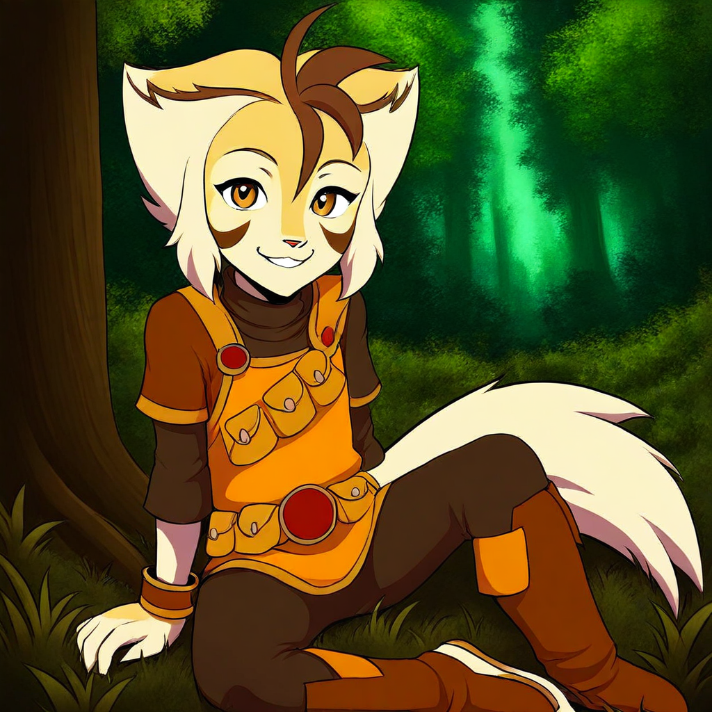 masterpiece, best quality, wilykat_tc, 1boy, furry, two-tone hair, tail, sitting, forest, looking at viewer, smile, cute, tree, grass