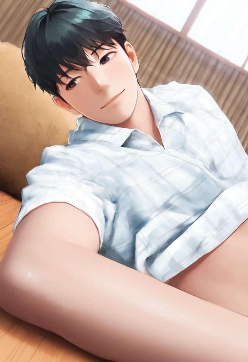 <lora:AsianGuy:0.8>, AsianGuy, (nodaeng:1.5), masterpiece, ultra-HD, cinematic lighting, photorealistic, (impressionism:1.5), high detail, depth of field, (blurred background), (dramatic lighting),masterpiece, best quality, very aesthetic,8k,masterpiece, best quality, realistic, masterpiece, best quality, 8k, <lora:PenisQuiron_illus:1>, breeze style, short hair,<lora:add_detail:1>, ((handsome man:1.2, light skin)), (focus male), ((mature man:1.3)),
<lora:Breez_Style:0.95>, breeze style, shiny skin, fair skin, smooth skin, smile, dynamic view, The image portrays a man in a casual, relaxed pose on a green cushion that is placed on a white stand. He is wearing a plaid shirt that is partially unbuttoned, revealing a glimpse of a striped undershirt. The man is lying prominently on his back with his right arm resting on a stuffed animal, which appears to be a teddy bear with a colorful pattern on its head. The room has a warm ambiance with wooden floor planks and a sliding window with white curtains allowing natural light to fill the space. The overall style of the image suggests a candid, snap-style photograph, meant to capture a moment of leisure.