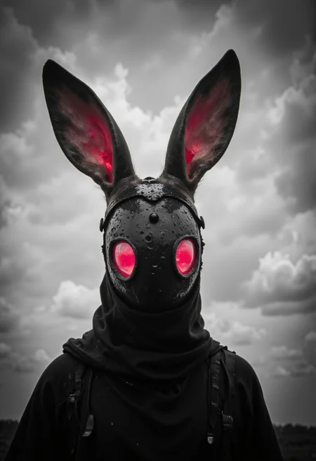 mmstyle, neon-mist, nelisty, A monochrome, faded close-up Portrait of an eerie, ethereal anthropomorphic rabbit cyborg, cyberpunk.