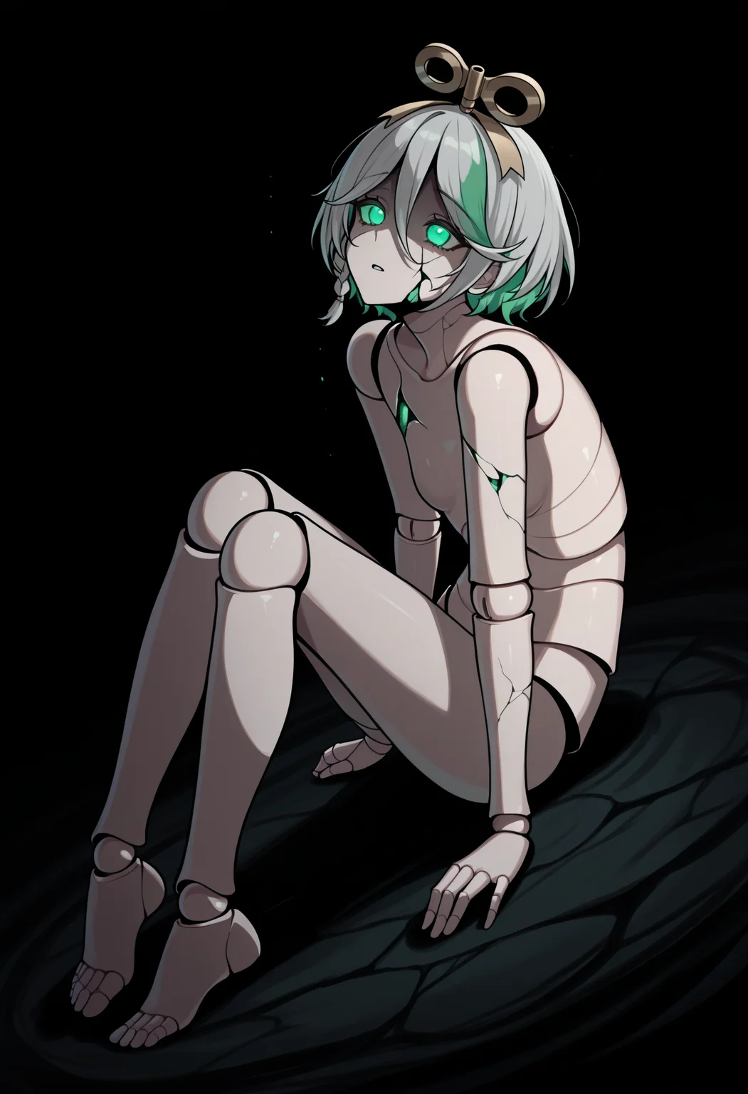masterpiece, best quality, 1girl, solo, CeciliaImmergreen, green eyes, winding key hair ornament, doll joints, grey hair, colored inner hair, streaked hair, short hair, side braid, dark theme, limited palette, black background, glowing eyes, cracked skin, (horror \(theme\), mechabare:1.3), full body, dutch angle, nude, damaged, <lora:ChamCeciliaImmergreenIllustriousXL:1>