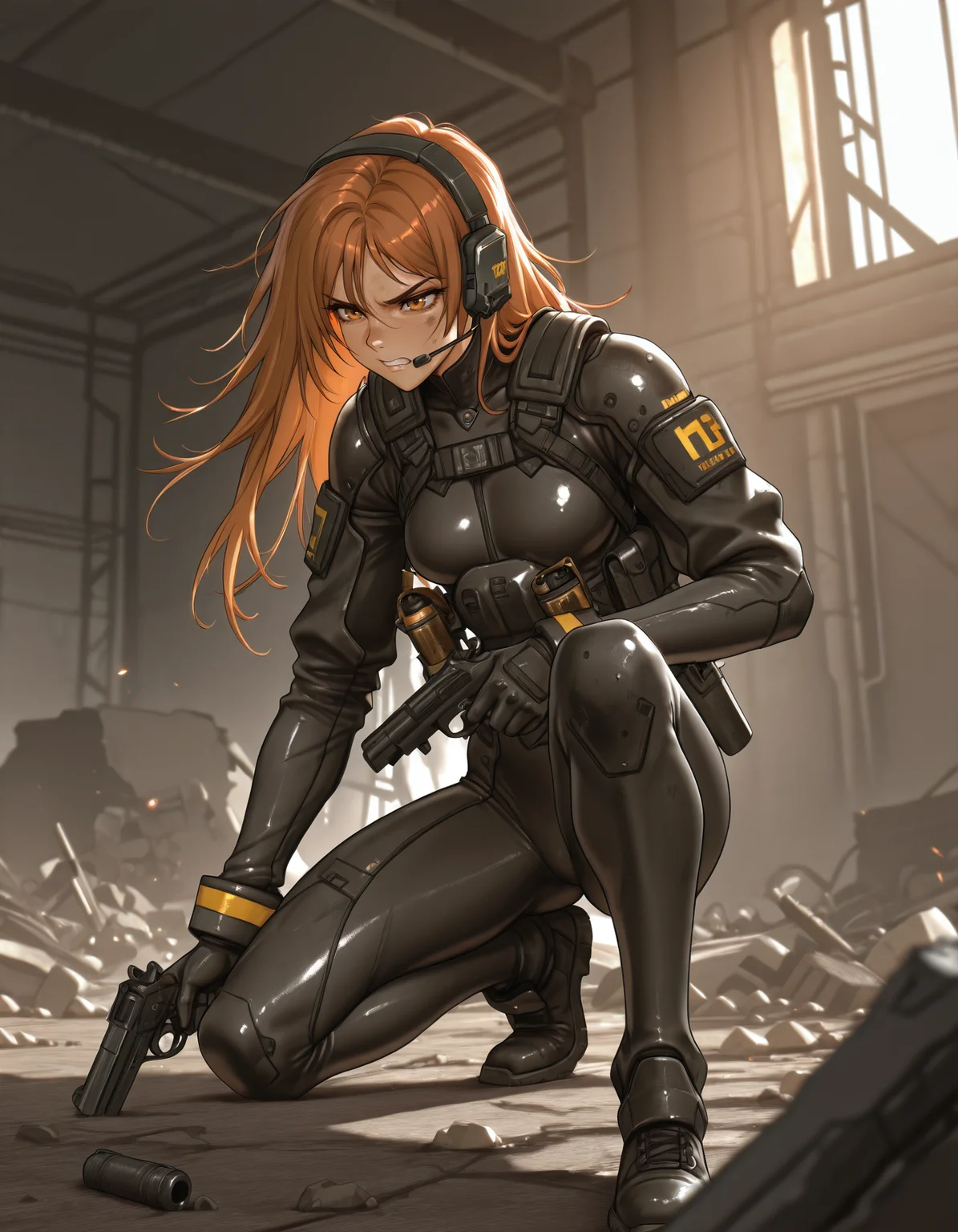 1girl, <lora:hellcat-illustrious-000040:0.9> h3llc4t, headset, bodysuit, body armor, handgun, reloading,
on one knee, clenched teeth, rubble, indoors, sidelighting, battlefield, depth of field
