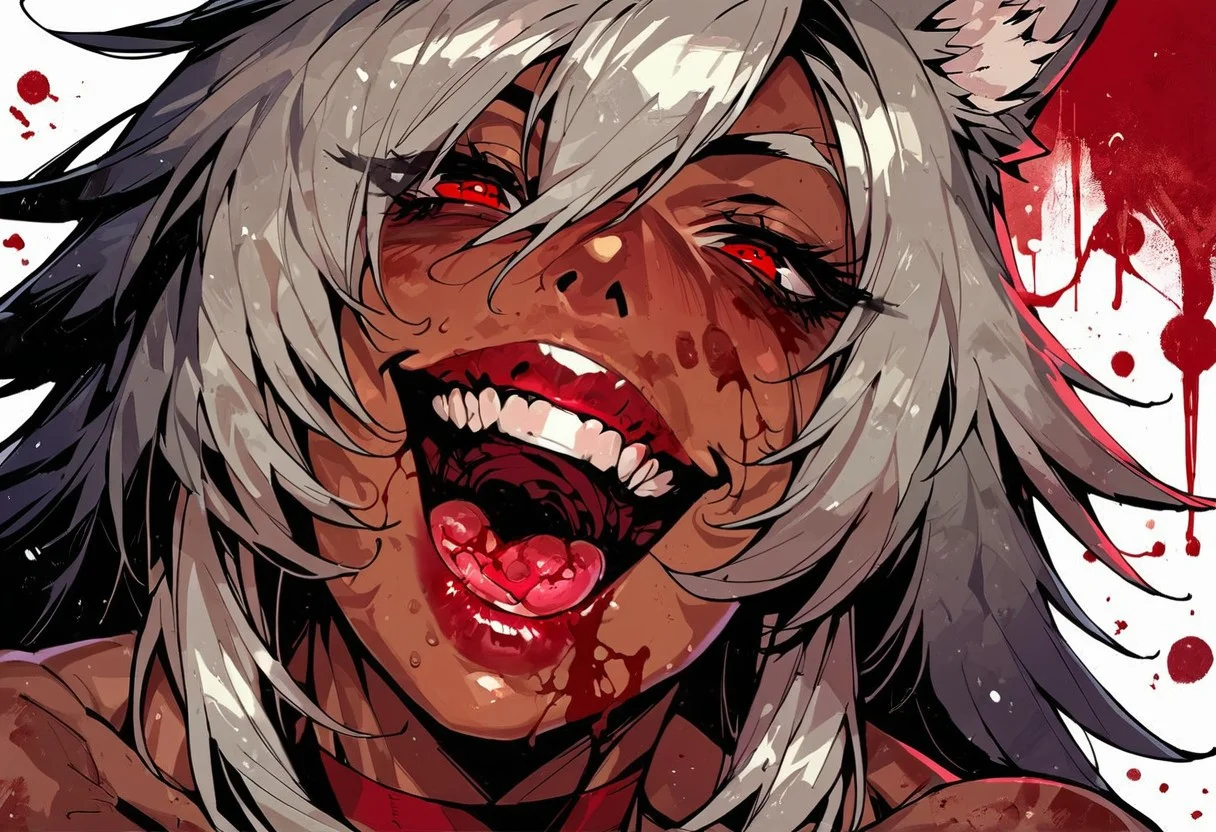 score_9, score_8_up, score_7_up, 1girl, black hair, solo, blood, red eyes, tongue, teeth, open mouth, long hair, blood on face, close-up, <lora:Fant5yP0ny:0.8>, ghislaine dedoldia, visible breast, bimbo makeup, bimbo lips, heavy wet mascara, seductive, 3/4 photo,visible breast, explicit, smiling