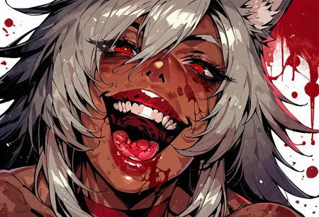 score_9, score_8_up, score_7_up, 1girl, black hair, solo, blood, red eyes, tongue, teeth, open mouth, long hair, blood on face, close-up, <lora:Fant5yP0ny:0.8>, ghislaine dedoldia, visible breast, bimbo makeup, bimbo lips, heavy wet mascara, seductive, 3/4 photo,visible breast, explicit, smiling