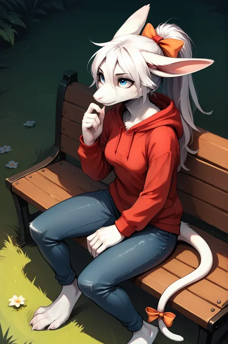 score_9, score_8_up, score_7_up, BREAK,
freyac, sketch, white fur, grey fur, white hair, tail, tailbow, orange tailbow, blue eyes, messy hair, ponytail, ears back, tail, medium breasts, red hoodie, jeans, long hair, from front, from side, from above, one hand up, hand up, mouth closed, barefoot, sitting on bench,
BREAK, solo, 1girl, stylized, looking up, thoughtful, grass, outdoors, ears down, curled tail, flat color, soft shading,
zPDXL, <lora:Freya10S 97:1>,