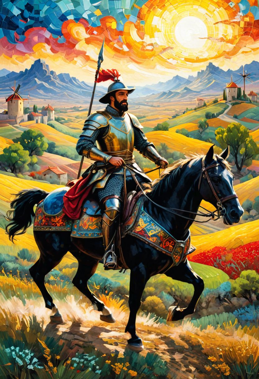 A mosaic of vibrant colors brings Don Quixote's epic journey to life, capturing the spirit of adventure and romance that defines Cervantes' masterpiece. With bold strokes and intricate detail, the artist depicts the gallant knight atop his trusty steed, charging fearlessly towards the windmills that dot the landscape. Sancho Panza rides beside him, a loyal companion in their quest for honor and glory