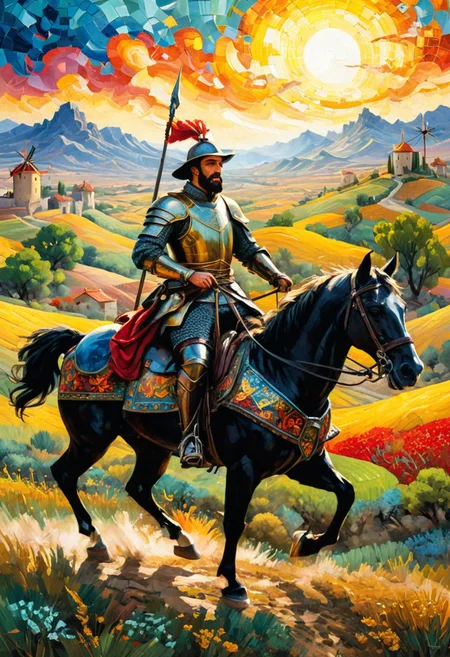 A mosaic of vibrant colors brings Don Quixote's epic journey to life, capturing the spirit of adventure and romance that defines Cervantes' masterpiece. With bold strokes and intricate detail, the artist depicts the gallant knight atop his trusty steed, charging fearlessly towards the windmills that dot the landscape. Sancho Panza rides beside him, a loyal companion in their quest for honor and glory