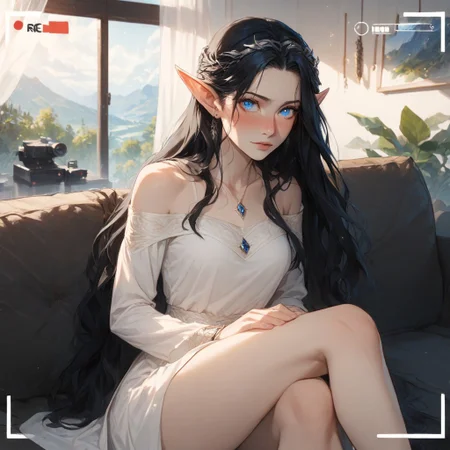 Fullmetal_alchemist style, triba1gir1XL, score_9, score_8_up, score_7_up, 1girl, Arwen_Undómiel, Arwen_(Lord_of_the_Rings), Evenstar, evenstar_pendant, pendant, jewelry, Arwen, elf, blue eyes, black hair, long hair, sidelocks, (embarrassed), sitting, full-face blush, on couch, (recording), media player interface, battery indicator, Scenery, indoors, (casting_couch:1.2)