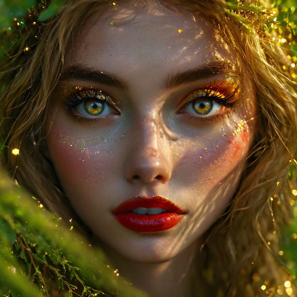 A hidden clearing, moss-draped forest, pulsed, otherworldly glow light. A bonfire, branches of rowan, (dancing shadows:1.2),  whirlwind of violet and gold, surprised look on her face, detailed green/blue eyes, (red lipstick with brown tones) (detailed face:1.2), (golden glitter:1.2), hair mixed with leaves