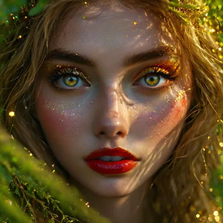 A hidden clearing, moss-draped forest, pulsed, otherworldly glow light. A bonfire, branches of rowan, (dancing shadows:1.2), whirlwind of violet and gold, surprised look on her face, detailed green/blue eyes, (red lipstick with brown tones) (detailed face:1.2), (golden glitter:1.2), hair mixed with leaves