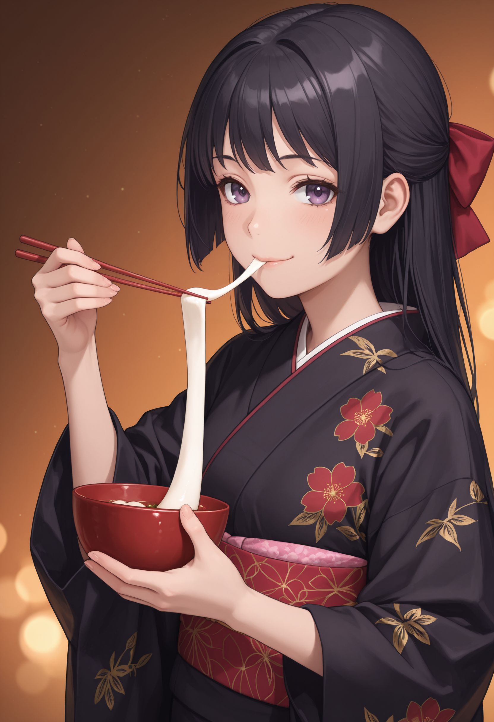 masterpiece,best quality,absurdres,highres,very aesthetic,high quality,detailed,insanely detailed,beautiful,perfect lighting, ,depth of field,blurry background,bokeh, 
 <lora:Awatsuki Maaya illu:1> 1girl, black hair, long hair, purple eyes,  smile, 
mochi,, black kimono, gradient background, hair bow, looking at viewer, obi, sash, standing, eating, wide sleeves,, holding bowl, long sleeves, floral print, red bow, print kimono, orange background, upper body, new year, , holding chopsticks